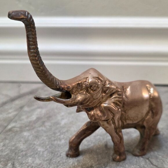 vintage Brass Elephant Figure African Elephant Trunk Up Good Luck Statue 5" - Picture 1 of 8